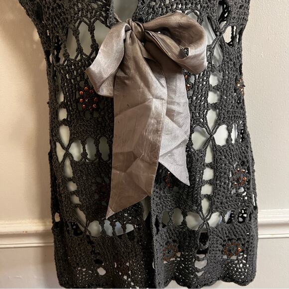 Boston Proper | XS Smoky Gray Lacy Crochet Look Open Weave Cardigan, Fabric Bow - Picture 5 of 16